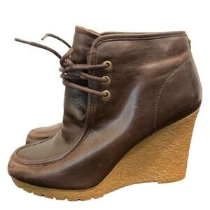 Michael Kors Rory Wedge Booties Brown Leather Ankle Boots Lace Up Size 8M